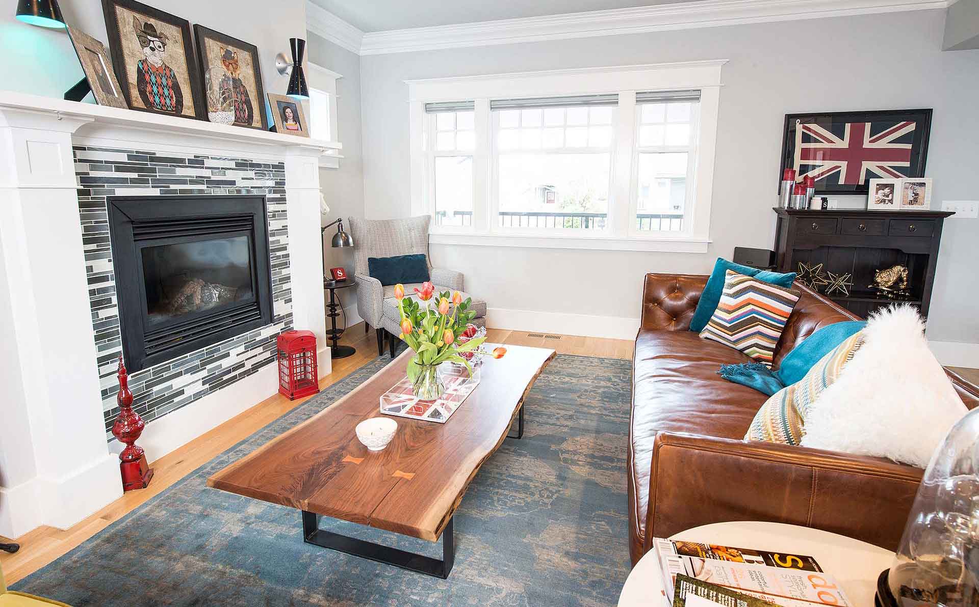 Macalester leather sofa and Chilton cocktail table